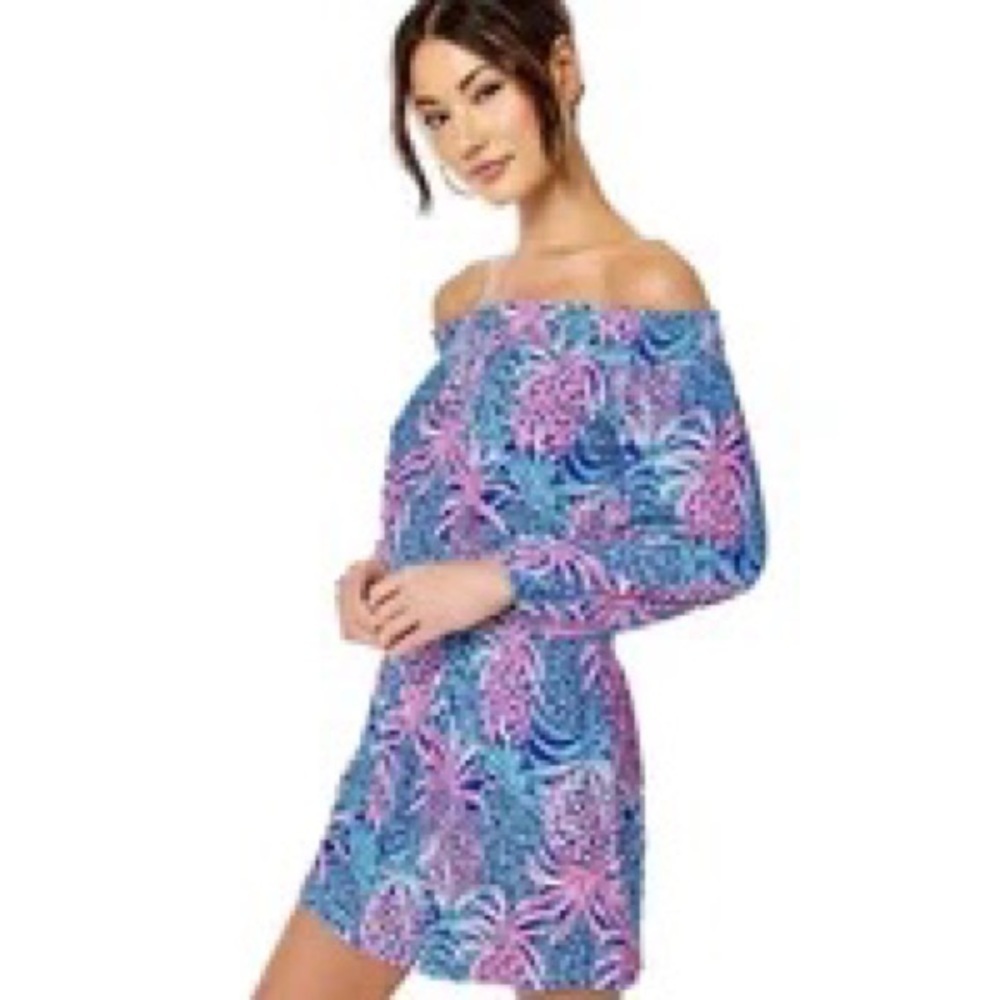 Lilly Pulitzer Blue and Pink Off-Shoulder Romper